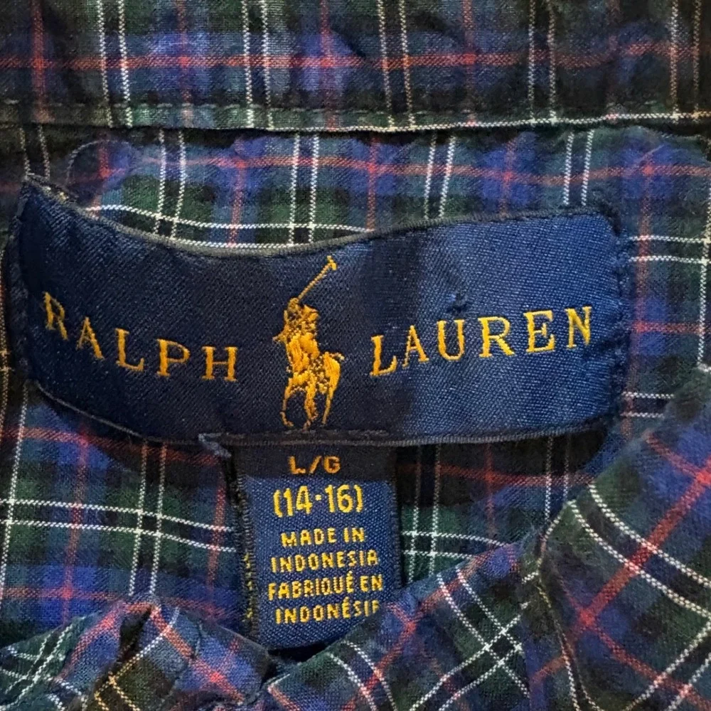 Ralph Lauren Boys Blue Green Plaid Button Down Shirt Sz L 14-16 Cotton Pony Logo